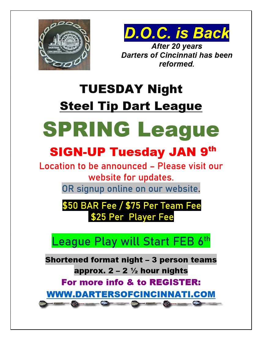 Darters of Cincinnati Home of Tuesday night steel tip darts